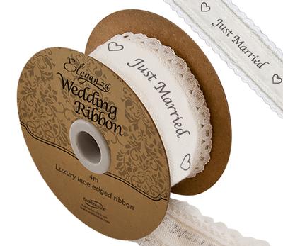 Eleganza Cotton Lace Edge Just Married 38mm x 4m - Ribbons